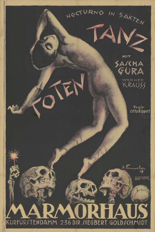 Josef Fenneker's 1919 poster for Totentanz: a nude figure painted in pale greys arches backwards against a black ground, one arm thrown over the head, balancing on tiptoe across a row of human skulls. The title is lettered in coral across the upper right and centre left, with "Nocturno in 5 Akten" above it, "mit Sascha Gura, Werner Krauss" and "Regie: Otto Rippert" at the right, and "Marmorhaus, Kurfürstendamm 236" across the foot