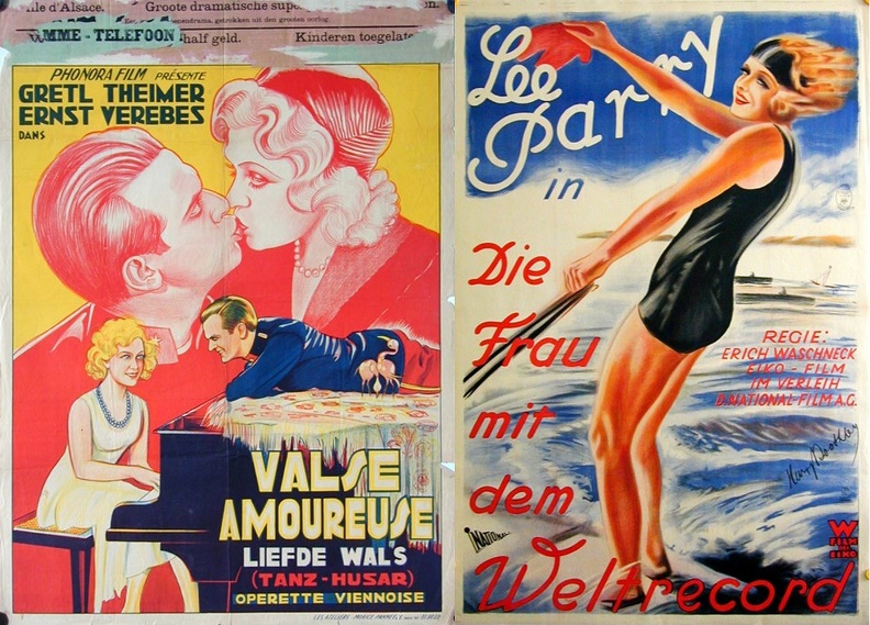 Two colour film posters side by side: Valse Amoureuse (Liefde Wals), showing a couple at a piano beneath a larger embracing pair, and Lee Parry in Die Frau mit dem Weltrecord, showing a swimmer in a black costume standing at the shore