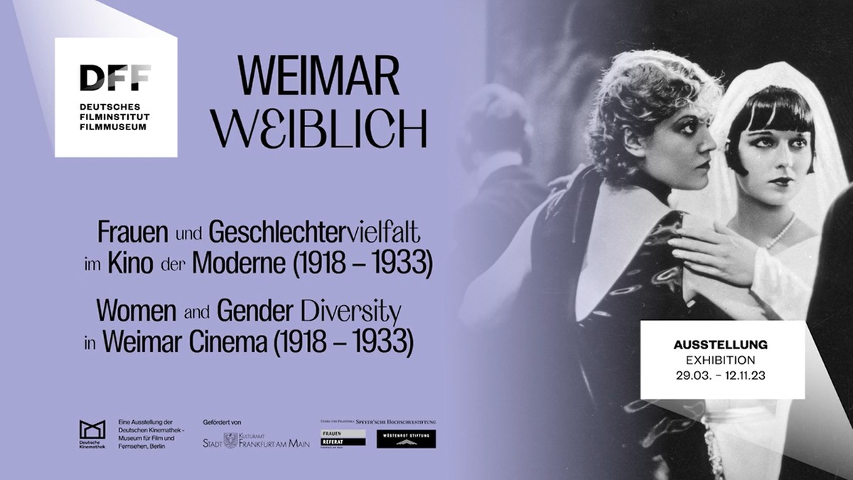 Publicity banner for the DFF exhibition Weimar weiblich: the title and DFF logo set on a pale violet field, beside a black-and-white film still of two women in evening dress, one of them veiled