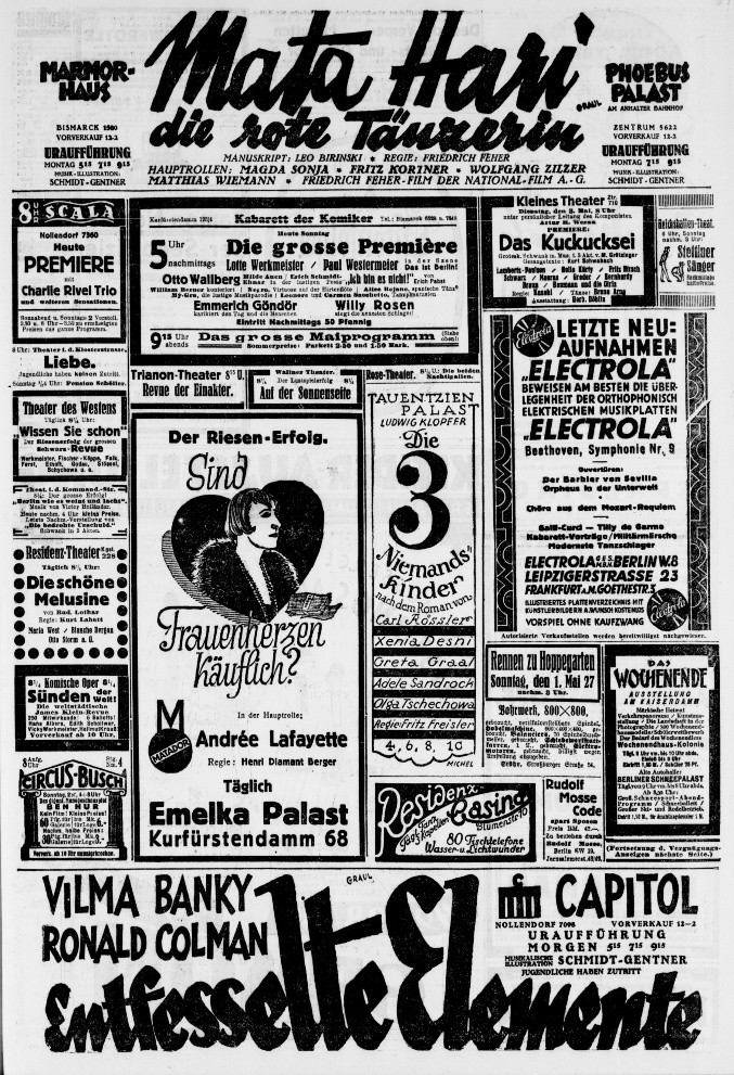 A full newspaper entertainment page: a banner across the top advertises Mata Hari, die rote Taenzerin at the Marmorhaus and Phoebus Palast, a banner across the foot advertises Vilma Banky and Ronald Colman in Entfesselte Elemente at the Capitol, both crediting Schmidt-Gentner, and dozens of smaller cinema and cabaret adverts fill the space between