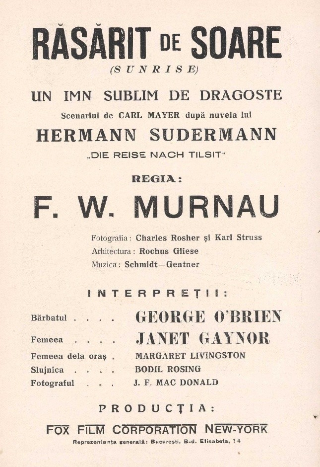 Romanian advert headed "Rasarit de soare (Sunrise)", directed by F. W. Murnau from a Carl Mayer screenplay, listing "Muzica: Schmidt-Gentner" and a cast headed by George O'Brien and Janet Gaynor