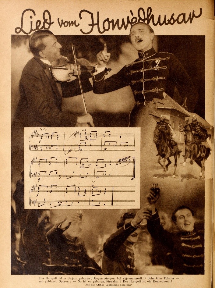 Illustrated magazine page headed "Lied vom Honvedhusar": a photomontage of a violinist beside a singing hussar, riders on horseback and soldiers raising glasses, with a panel of printed piano score laid over it and the song's lyrics beneath