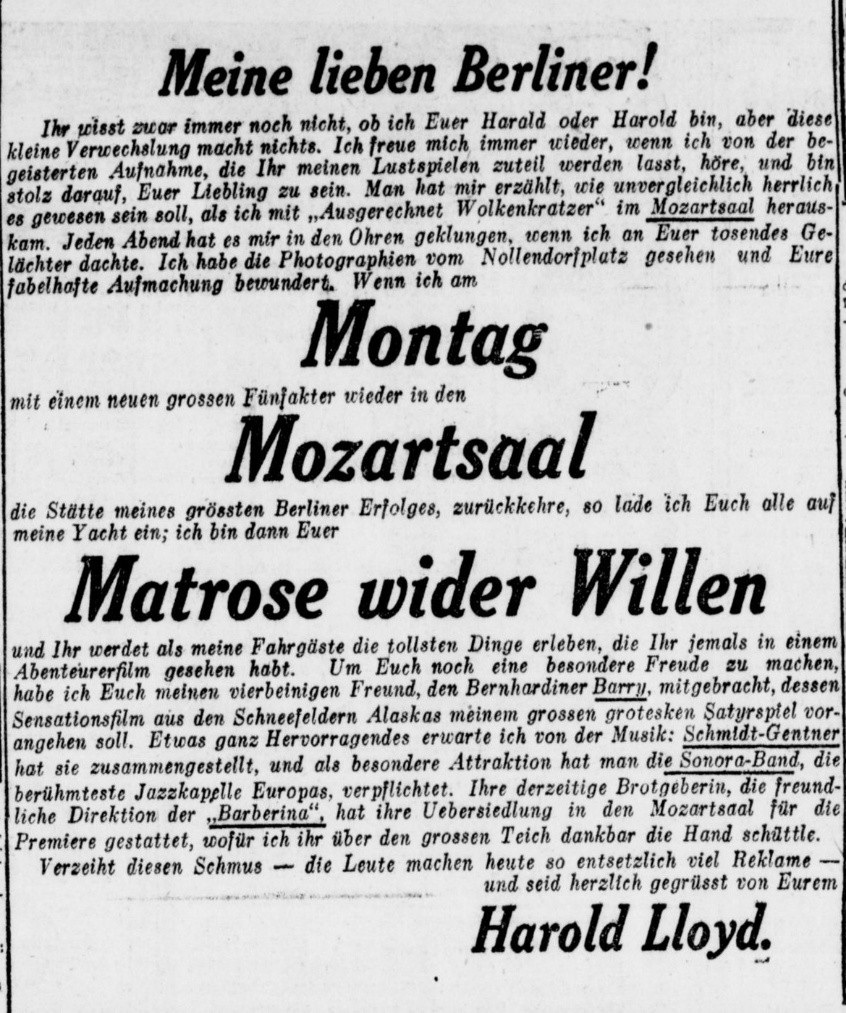 Newspaper advert set as an open letter headed "Meine lieben Berliner!" and signed "Harold Lloyd", announcing Matrose wider Willen at the Mozartsaal on Monday; the text singles out Schmidt-Gentner's music and the Sonora-Band from the Barberina nightclub