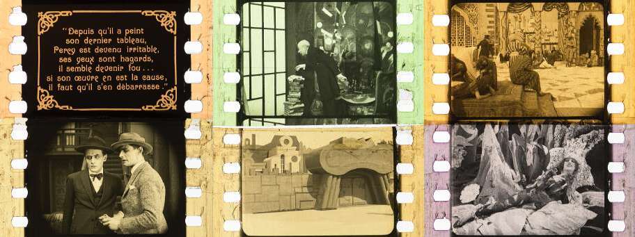 Strip of six tinted nitrate film frames with sprocket holes, in orange, green, blue and violet: a French intertitle, two interiors, two men in hats, an angular set model, and a woman among crystalline forms