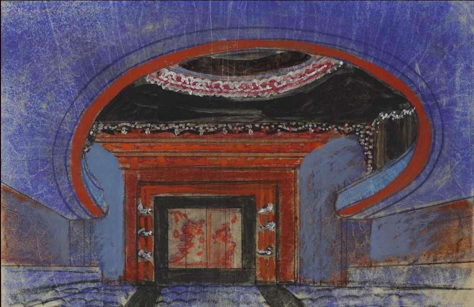 Colour design drawing of a theatre interior: a broad red-orange oval arch springing over a red proscenium and a patterned stage curtain, against violet-blue walls, with garlands of lights along the ceiling