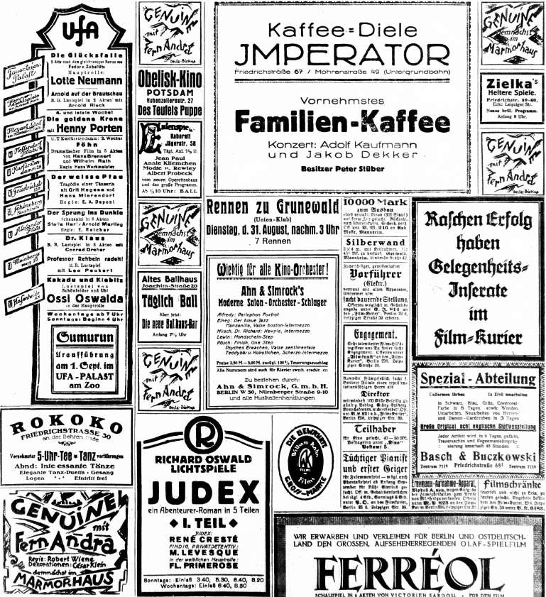 A page of dense Film-Kurier trade advertisements, several of them announcing GENUINE with Fern Andra coming soon to the Marmorhaus
