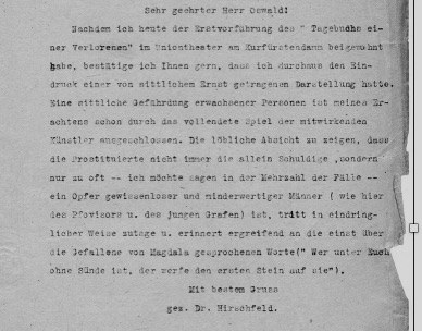 A typewritten letter in German on a single unlined sheet, the type grey and unevenly inked. It opens "Sehr geehrter Herr Oswald!", runs about fifteen lines, and closes "Mit bestem Gruss" over the signature line "gez. Dr. Hirschfeld"