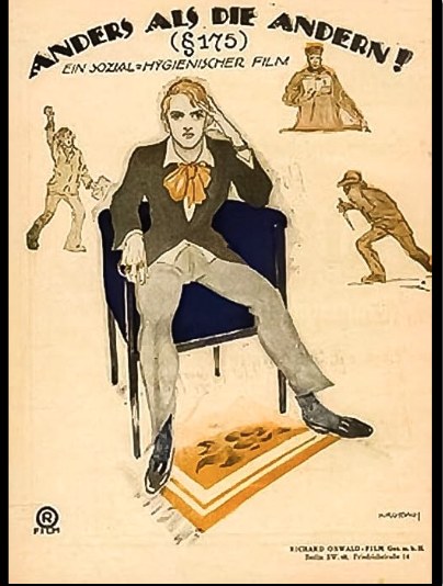 Poster for Anders als die Andern (§175), subtitled Ein sozial-hygienischer Film: a colour illustration of a young man in a dark jacket and orange cravat sitting slumped in a blue armchair on a patterned rug, ringed by four smaller sketched figures — a man with a raised arm, a uniformed officer, and two men in caps