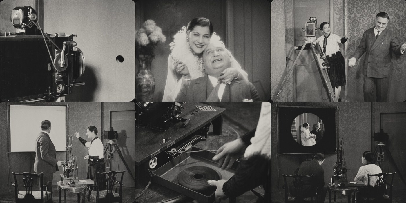 Six frames from Moral following the hidden-camera plot: a movie camera on a stand, Ninon in a feathered wrap embracing a beaming stout man, a camera on a tripod trained on a couple in a doorway, two men setting up a projector and screen in a drawing room, hands threading a projector beside a turntable, and two men watching the projected footage in a darkened room