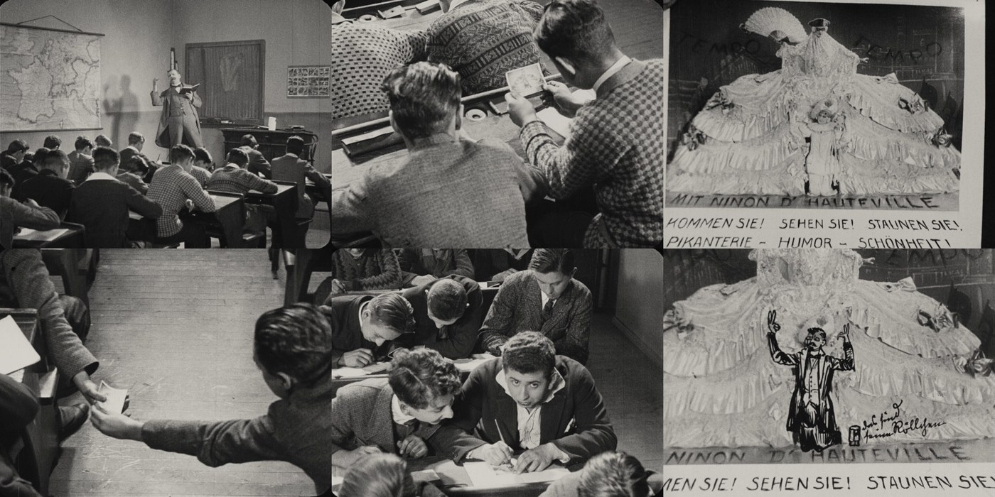 Six frames from Moral: a teacher declaiming at a blackboard before rows of schoolboys, two boys bent over a photograph passed between desks, a poster showing a masked performer in a vast hoop skirt above the words "Mit Ninon d'Hauteville - Kommen Sie! Sehen Sie! Staunen Sie! Pikanterie - Humor - Schoenheit!", a boy reaching back across the desks with the picture, a cluster of boys crowding over it, and the same poster overdrawn with a caricatured man in tails