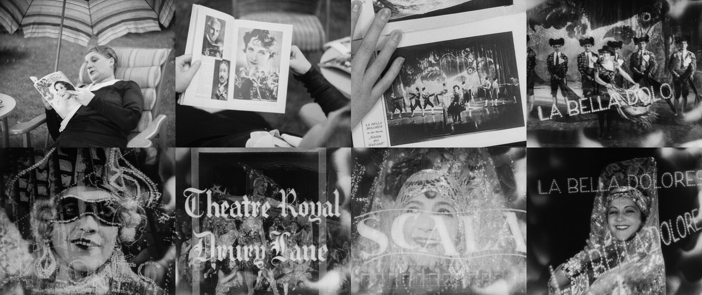 Eight frames from Strafsache van Geldern: Martha reading an illustrated magazine in a garden chair, hands turning the pages of a scrapbook of press photographs, a page showing a revue number captioned "La Bella Dolores", and superimposed shots of a bejewelled performer, the lettering "Theatre Royal Drury Lane" and "Scala" dissolving over revue scenes, and Martha smiling in a glittering headdress